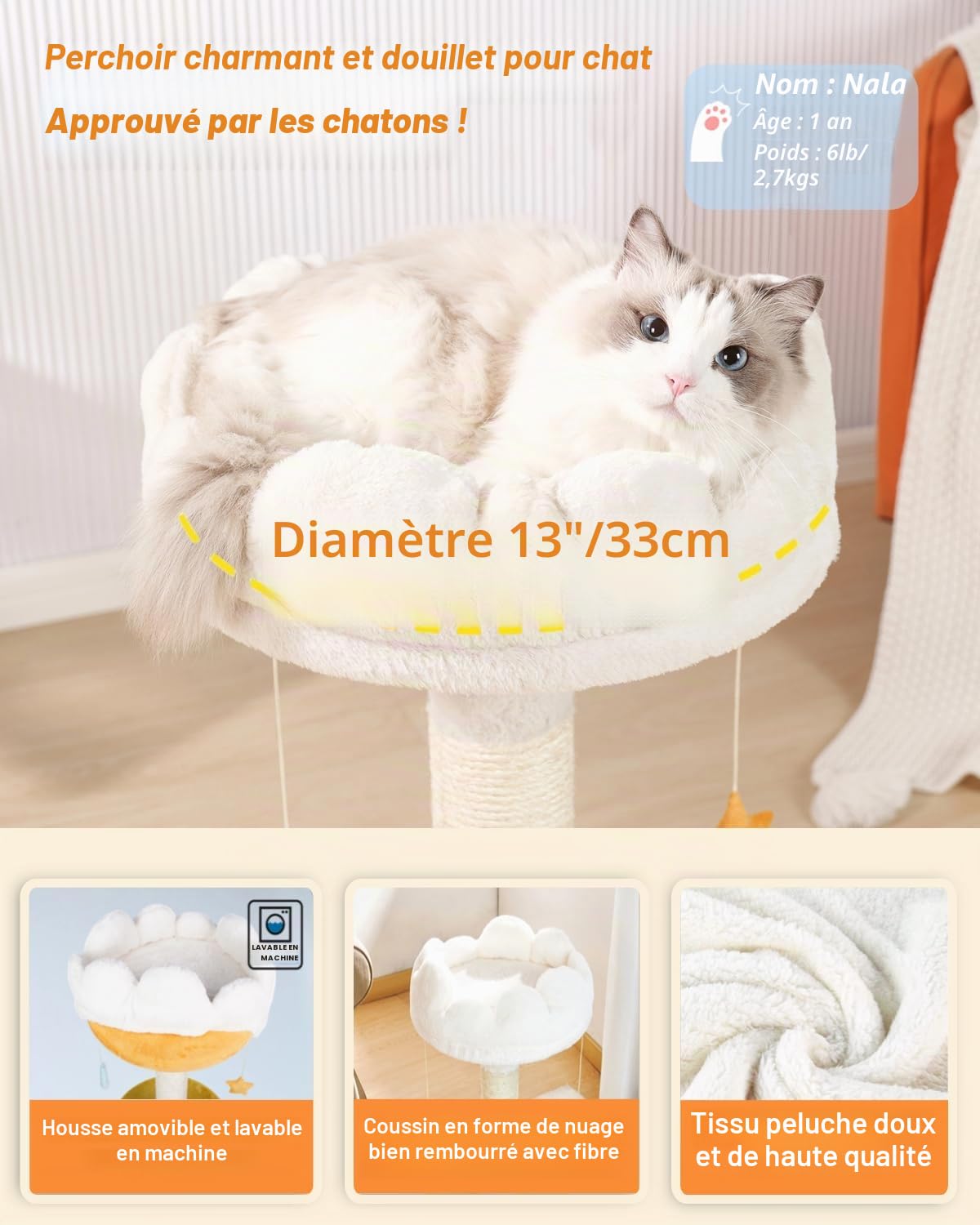 Happi N Pets Arbre à Chat Nuage avec Lit d'Intérieur, Griffoir en Sisal Naturel, Perchoir Doux et Confortable pour Chatons et Chats Adultes, Petite Tour avec Jouets