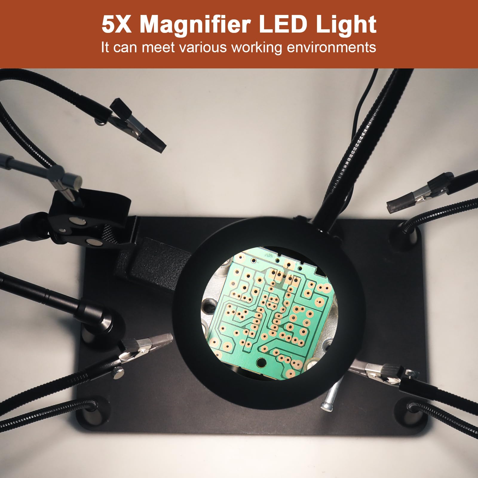Soldadura magnética de tercera mano con tornillo de banco de trabajo de metal resistente, soporte para placa de circuito PCB con lámpara de aumento 5X, soporte para pistola de aire caliente de 360°