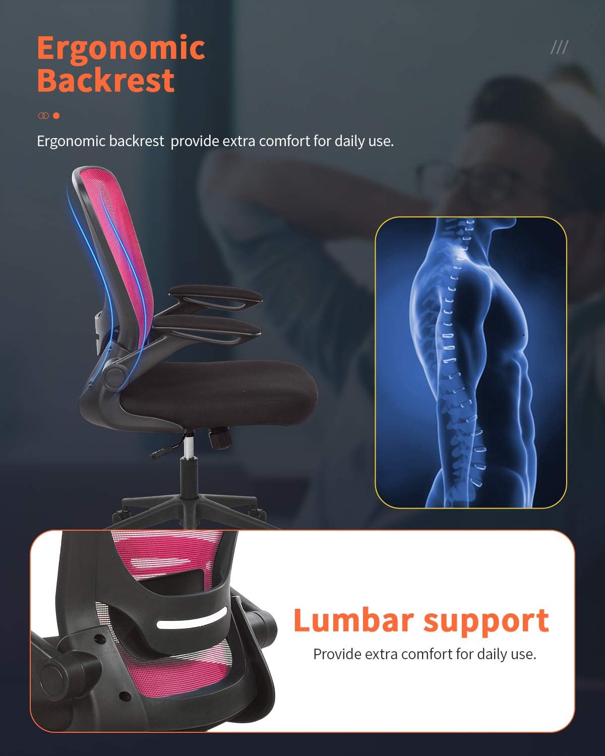 Hоlіdау Dеаlѕ 🛒 Home Office Chair Ergonomic Desk Chair Mesh Computer Chair with Lumbar Support Flip-up Arms Swivel Rolling Executive Task Chair Adjustable Chair for Adults(Pink)