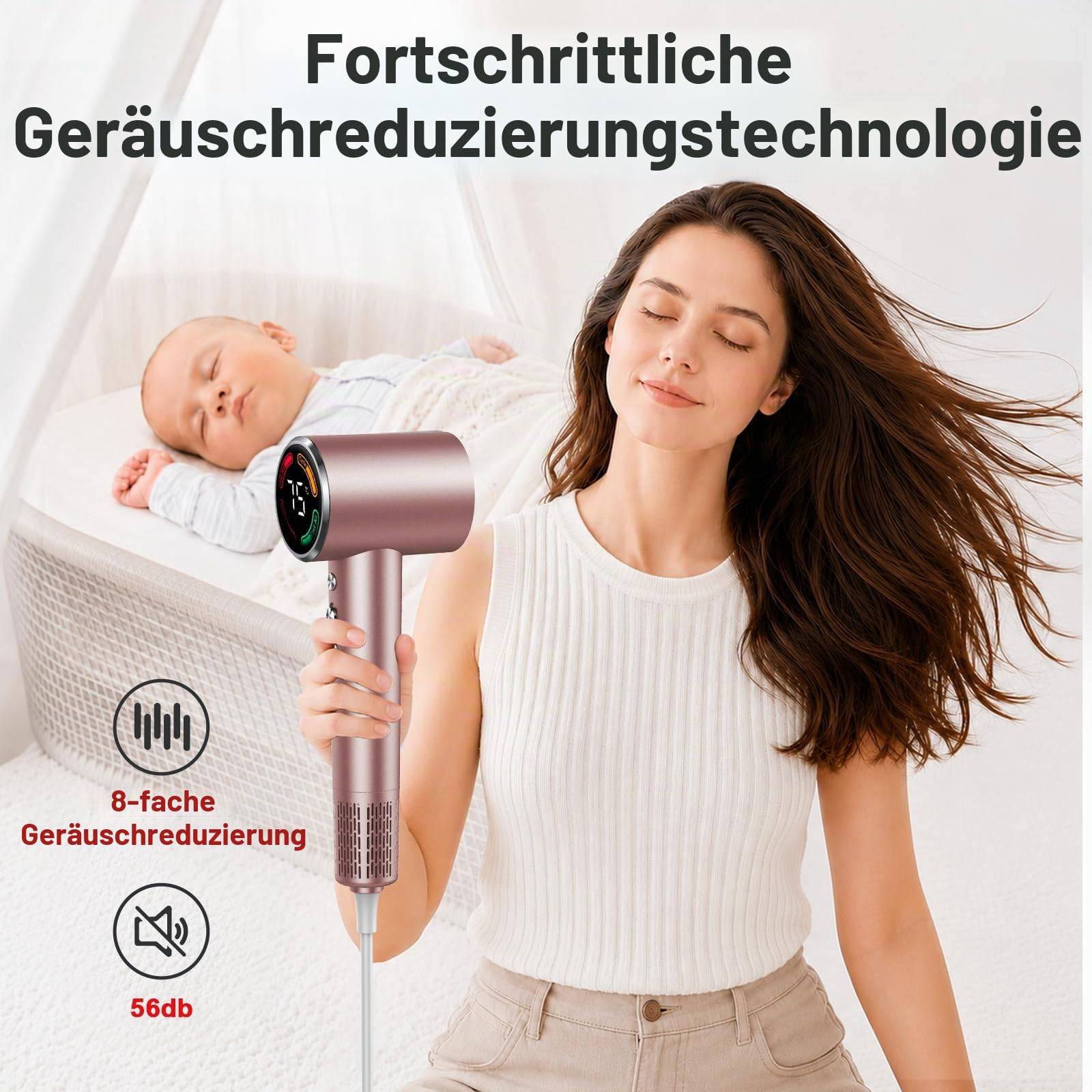 Hochgeschwindigkeits Föhn, 160.000 U/min Ionen Haartrockner, LED Display, 500 Million Negativ Ionen Fön, 56dB Geräuscharme NTC Temperaturregelung, Schnelles Trocknen mit Diffusor und Konzentratordüse