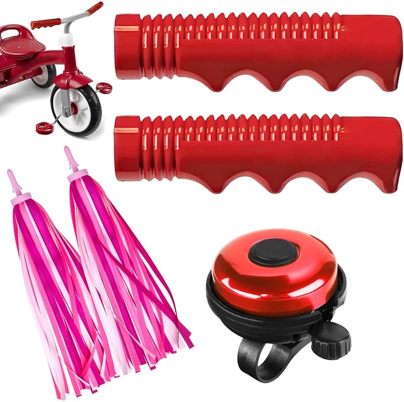 Puños de triciclo compatibles con Radio Flyer, 3/4 pulgadas, niños | Empuñaduras antideslizantes para manillar de bicicleta, incluye serpentinas y borlas para bicicleta, incluye campana clásica para bicicleta