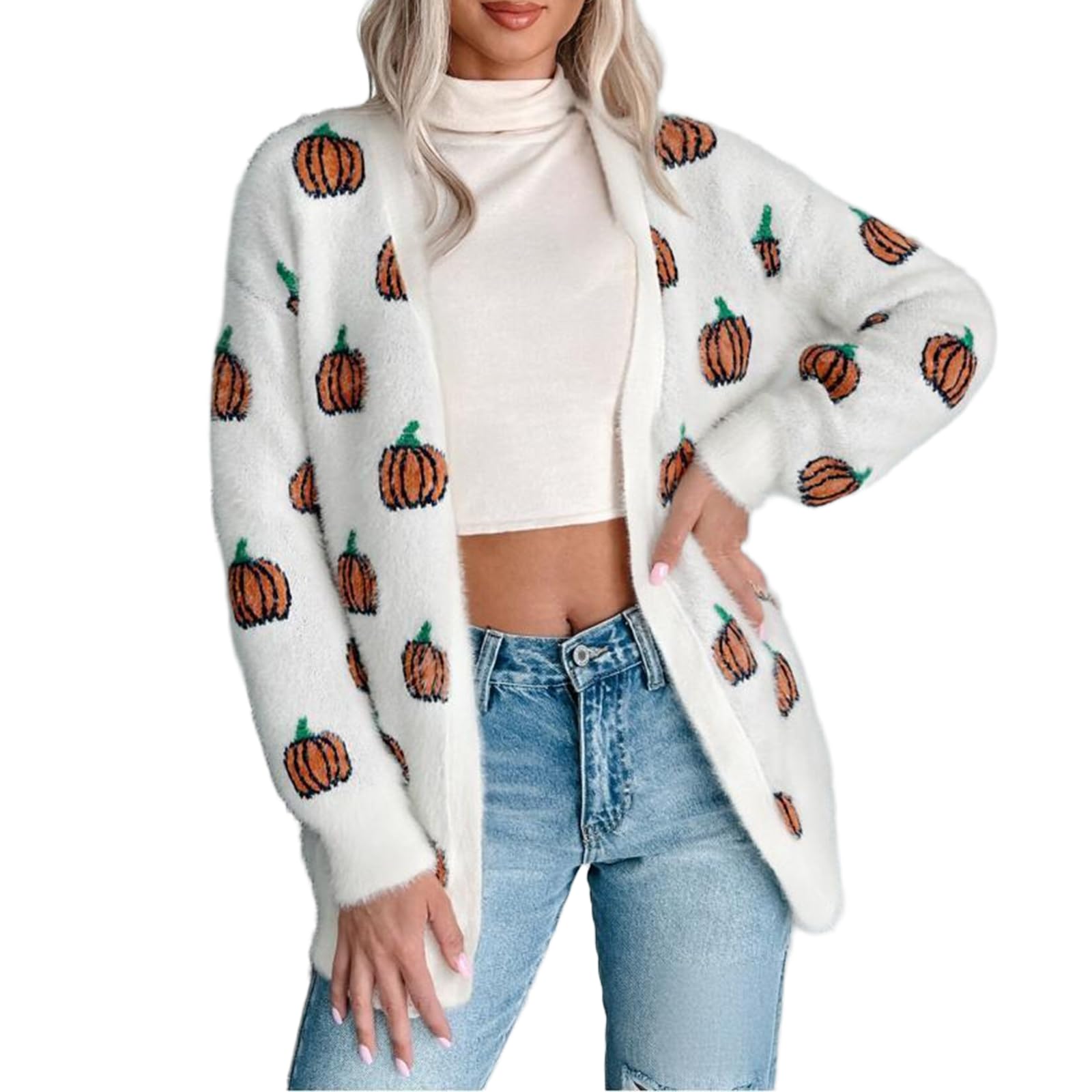 Womens Halloween Pumpkin Knit Cardigan Long Sleeve Open Front Knitted Sweater Fall Outwear Coat Tops