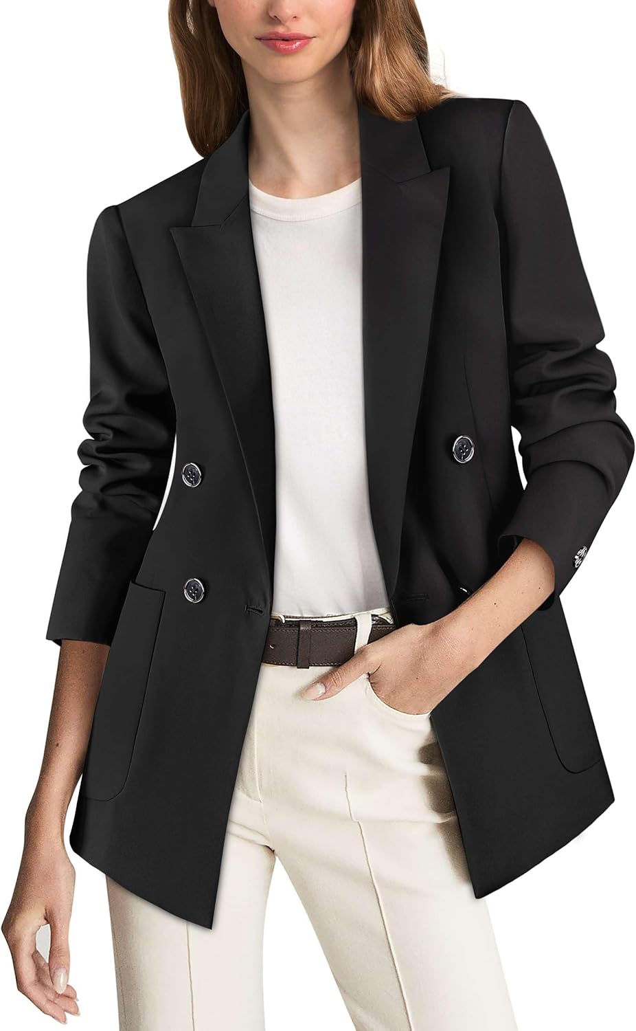 VFSHOW Womens Open Front Peak Lapel Double Breasted Back Slit Pockets Office Business Work Slim Blazer Jacket