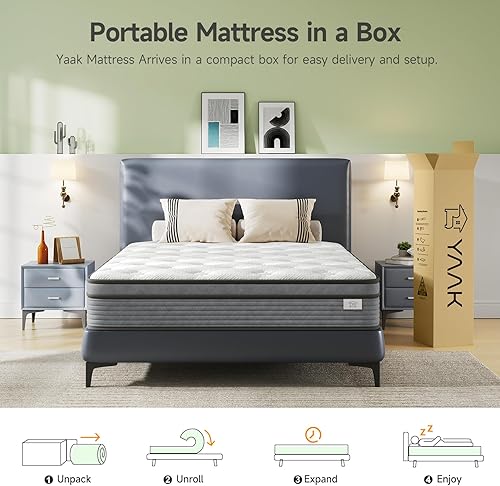 Miniatura 6 de Yaak Colchón híbrido tamaño King de 12 pulgadas, colchón híbrido King en una caja, colchón individual de resortes con espuma viscoelástica