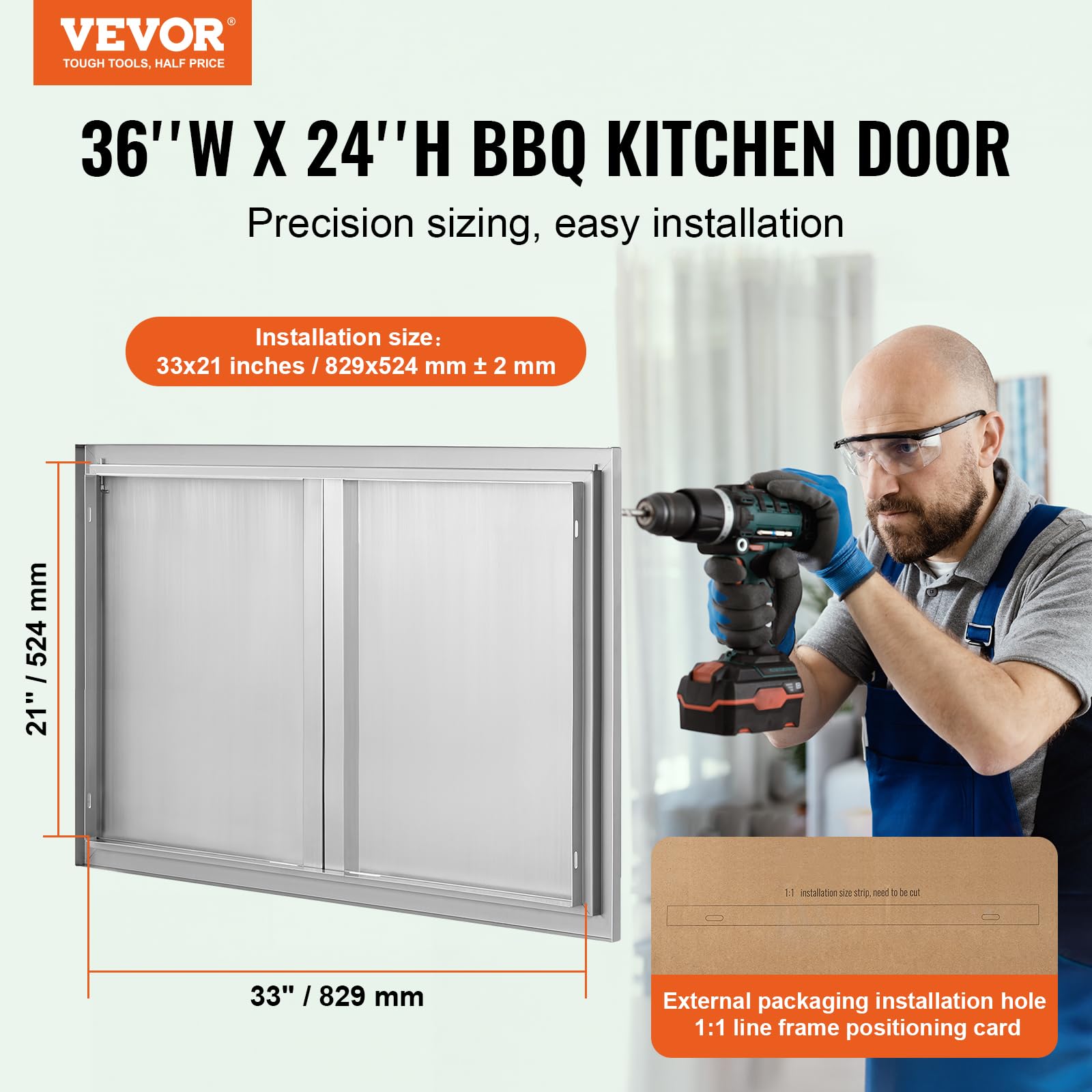 VEVOR Porta di accesso per barbecue, 91 x 61 cm (larghezza x altezza), doppia porta verticale in acciaio inox con maniglie da incasso, per barbecue e stazione di cottura