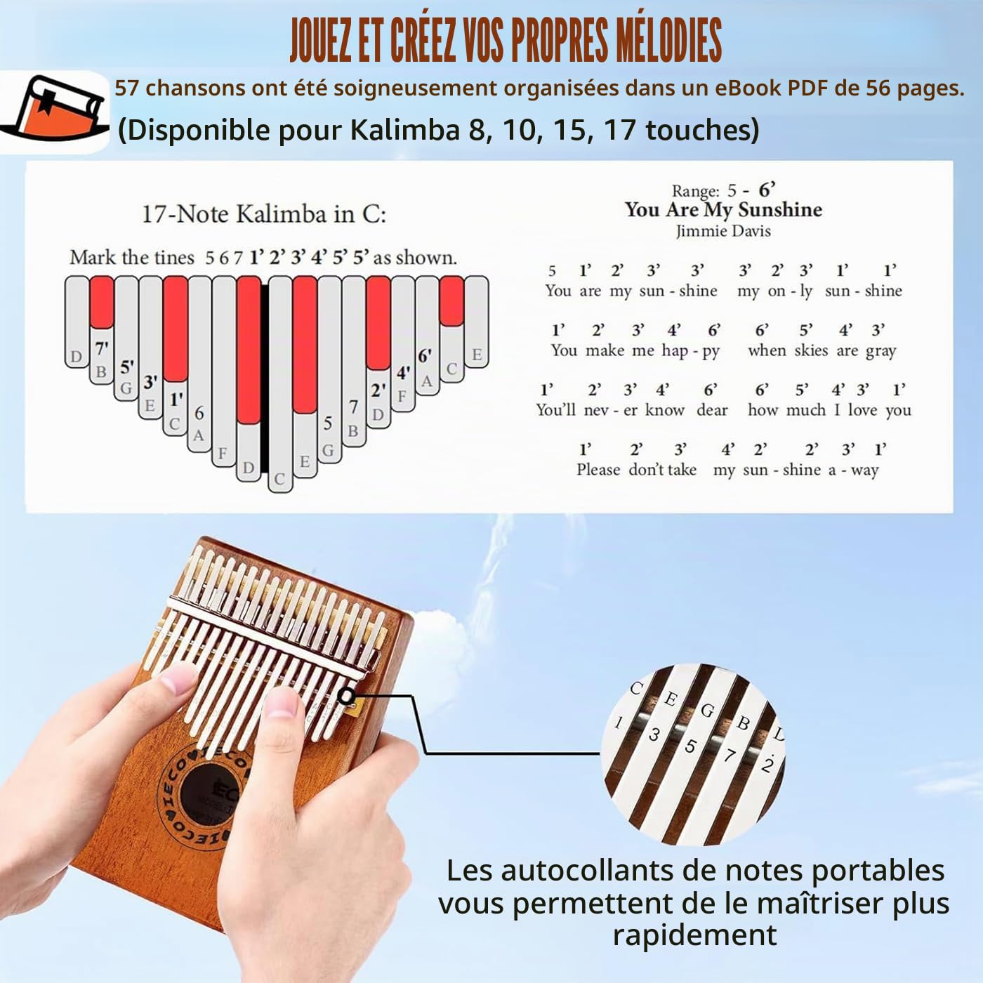 Kalimba Piano à Pouce 17 Clés Portable Marimbas Instrument de Musique | Pour Enfants Adultes Débutant, avec Sac en Tissu Instruction D'étude Marteau D'accord