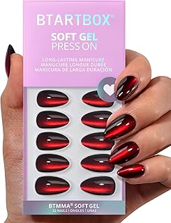 BTArtbox Press On Nails Short - Vampire's Gaze, Deep Red Cat Eye Almond Halloween Press On Nails with Glue for Women, Glossy Glue On Nails in 16 Sizes - 32 Stick On Nails Kit
