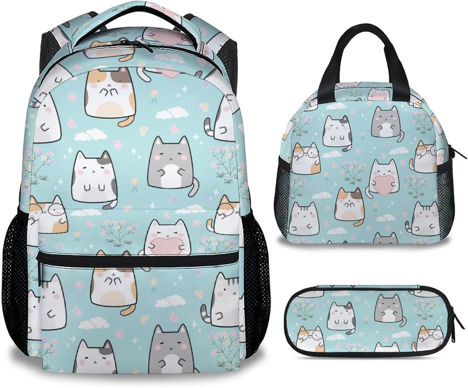 Cat Backpack with Lunch Box, Set of 3 School Backpacks Matching Combo for Girls Boys, Cute Green Bookbag and Pencil Case Bundle