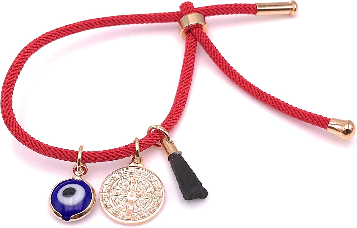 18K Gold Plated Saint Benedict Red String Bracelet Adjustable Charm Evil Eye & Dainty Genuine Azabache Hand