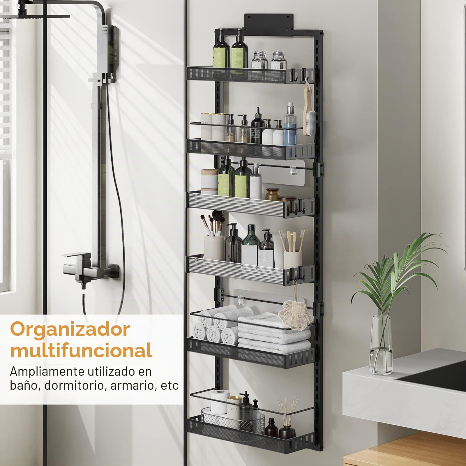 POKIPO Organizador de despensa sobre la puerta, estante grande de almacenamiento de 6 niveles montado en la pared, cestas colgantes ajustables de metal resistente para despensa, dormitorio, baño, sala