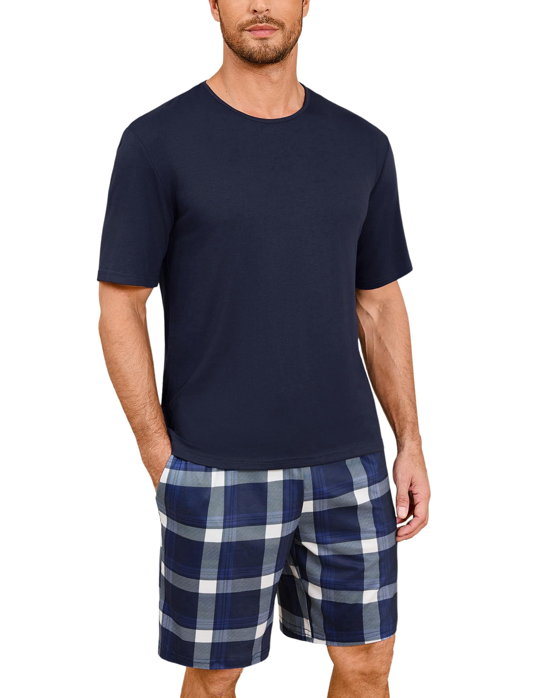 Uniexcosm Schlafanzug Herren Baumwolle Kurz Zweiteiliger Pyjama Set Nachtwäsche Kurzarm Oberteil und Karierte Schlafanzughose Hausanzug Sleepwear