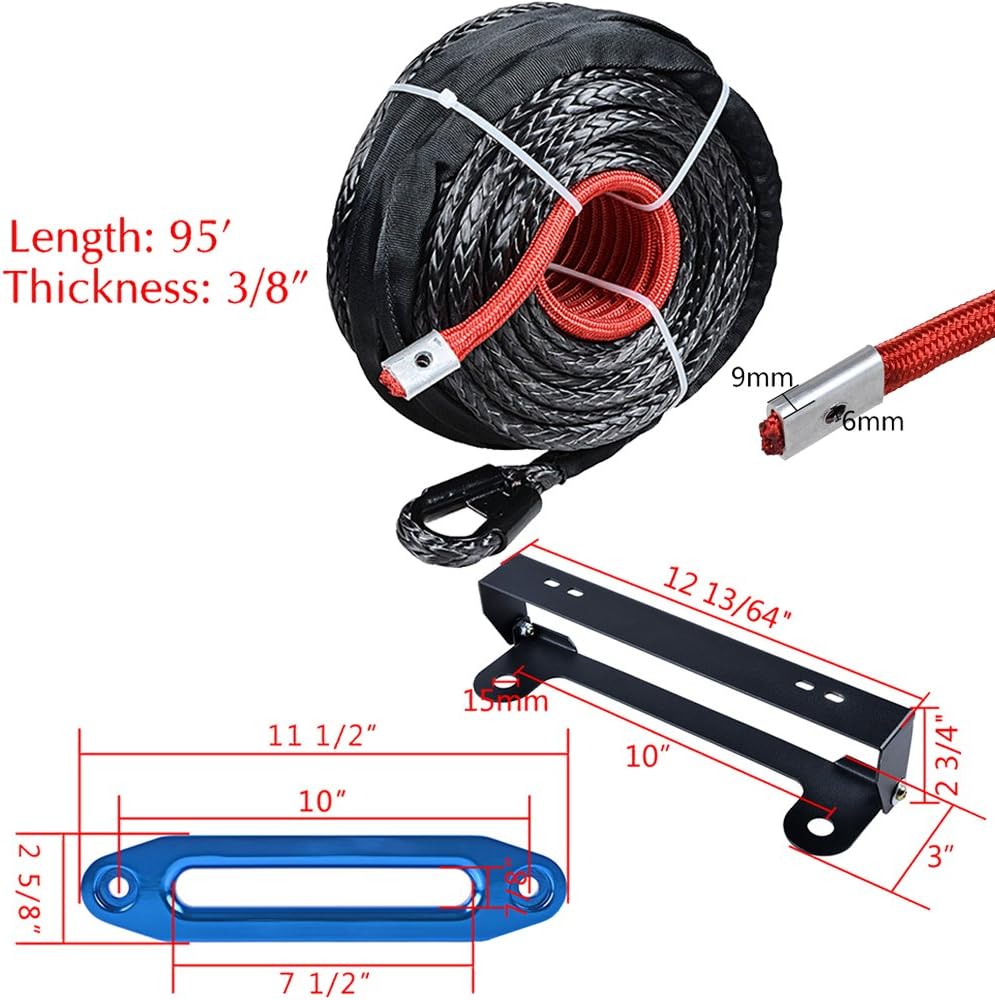 amopacorp Black 95ft x 3/8" Synthetic Winch Rope Guard and 10" Anodized Blue Hawse Fairlead with 254mm Flip-Up License Plate Holder Kit