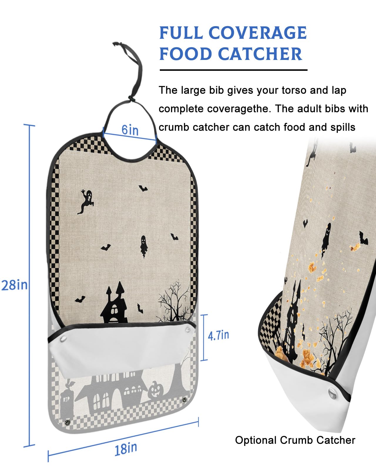 Halloween Adult Bibs for Eating, Waterproof Bibs with Food Catcher & Adjustable Snap Closure, Beige Black Plaid Castle Bat Rustic Burlap Washable Clothing Protectors Adult Bibs for Elderly Women/Men