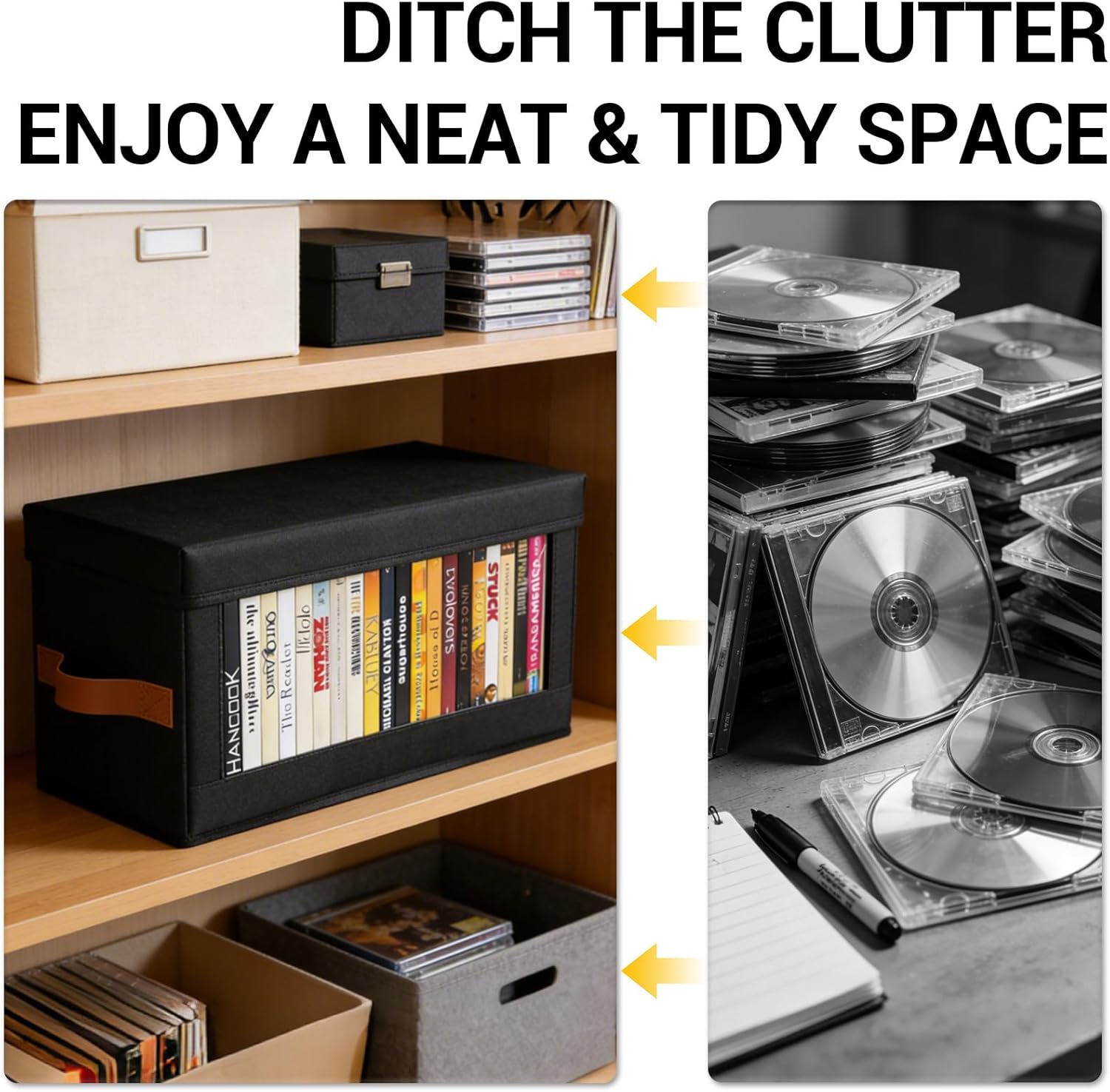 Garvee Set of 6 CD Case, Non-Woven Stackable CD Storage Box with Lid and Handles, DVD Storage Case, 13.2" L x 5.9" W x 5.3" H Each, Solutions to Protect Your Precious Collection, Black