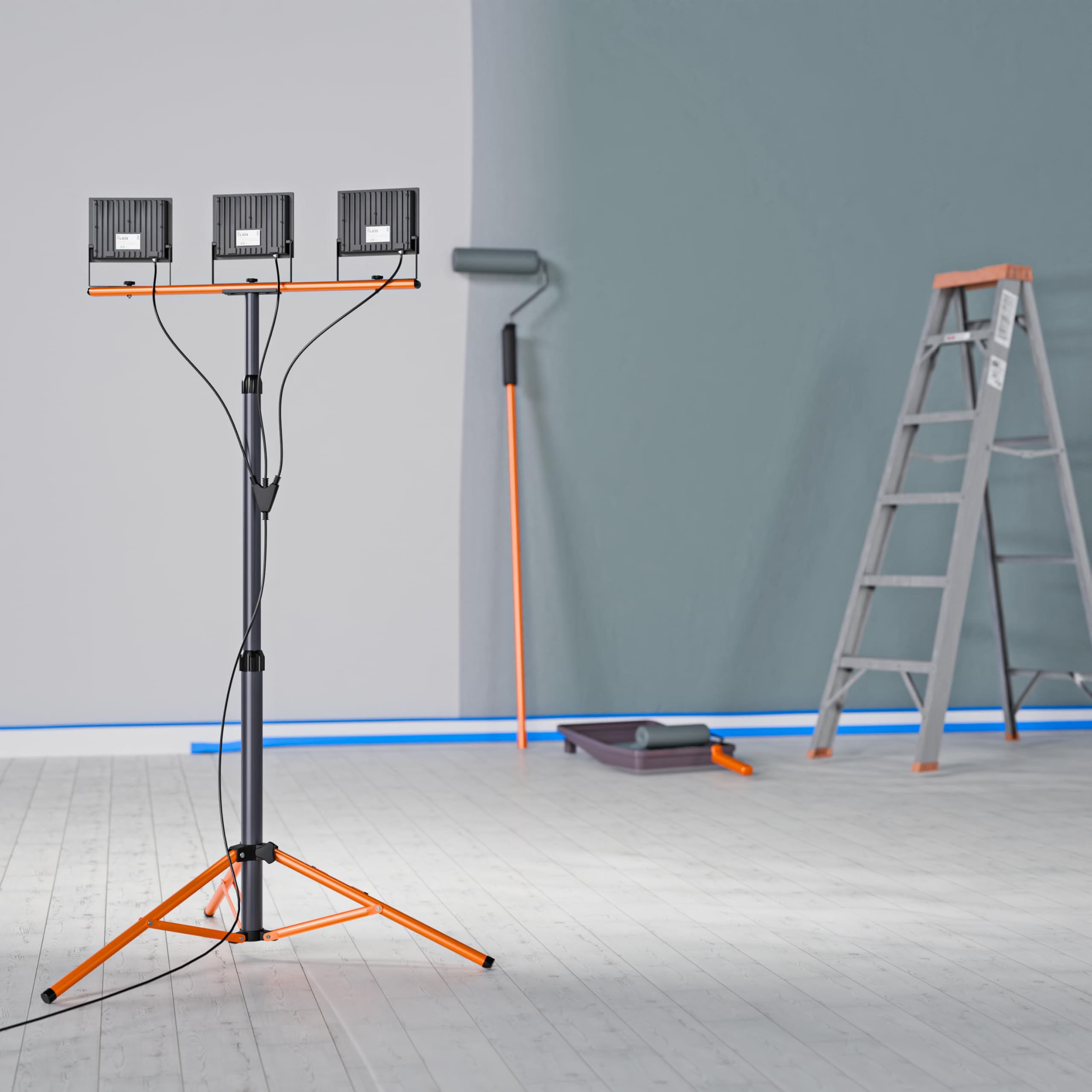 SmartLED Baustrahler Arbeitsstrahler mit Stativ 3x50W, LED Strahler 3x5500 Lumen, 1,60 m Einstellbar Teleskopisch, 360° Grad Drehung, 180 cm Kabel, IP65, kompakt und leicht (3x 50W 16500lm)