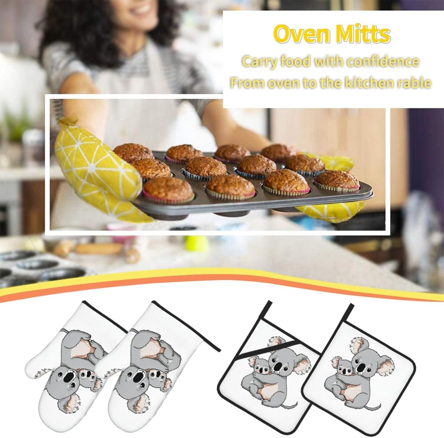 (Cute Koala Mom and Baby) Baking 4-Piece Set: 2 Oven Mitts and 2 Pot Holders Heat Resistant Waterproof Hanging Loop for Kitchen Oven Grill Housewarming Gifts