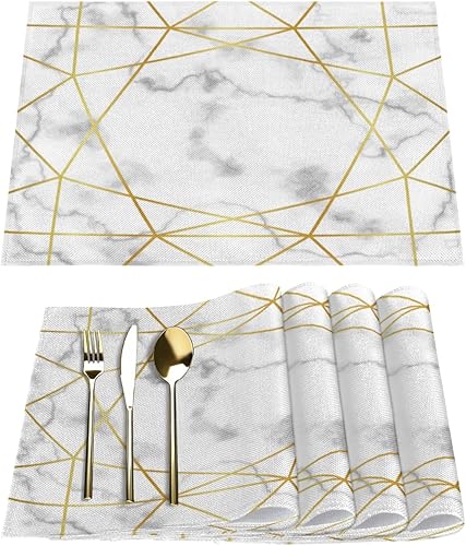 Geometric Marble Placemats Set of 6 Fabric Placemats Square Placemat for Kitchen Table Heat Resistant, Easy to Clean Table Placemats 12x18 Inch