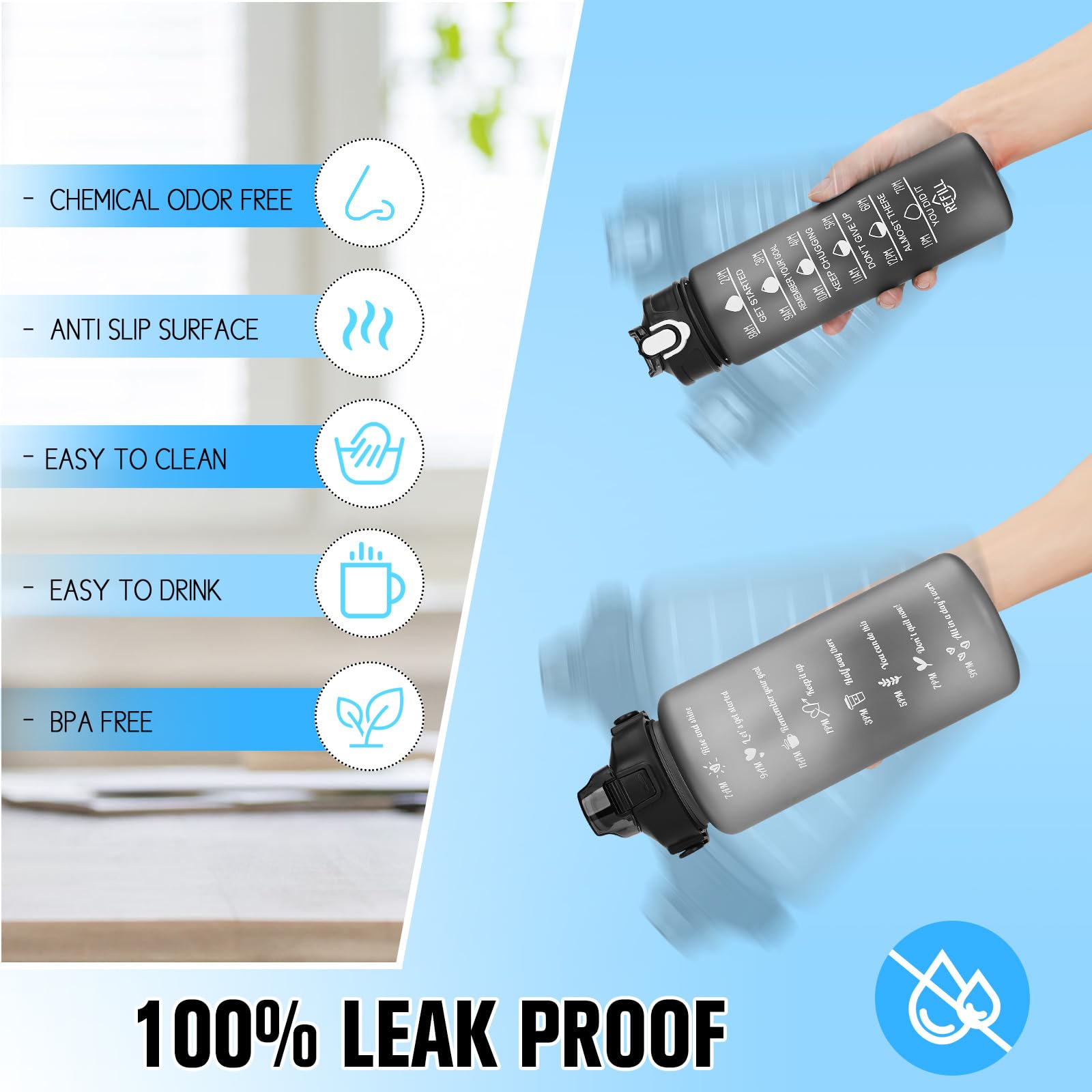 CodiCile Confezione da 2 borracce senza BPA, 2L + 750 ml, borraccia sportiva con indicatore del tempo e cannuccia, borraccia da 2 litri per palestra con spazzola, grande pennarello motivazionale