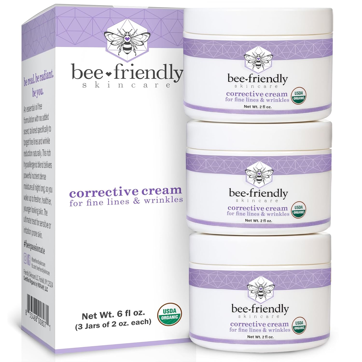 BeeFriendly Organic Corrective Cream, USDA Certified Face Moisturizer Rich Revitalizing Night Cream For Sensitive Skin Aids With Fine Lines, Wrinkles, Crows Feet, Eyes, Face, Neck 6 oz (3 Jars in box)