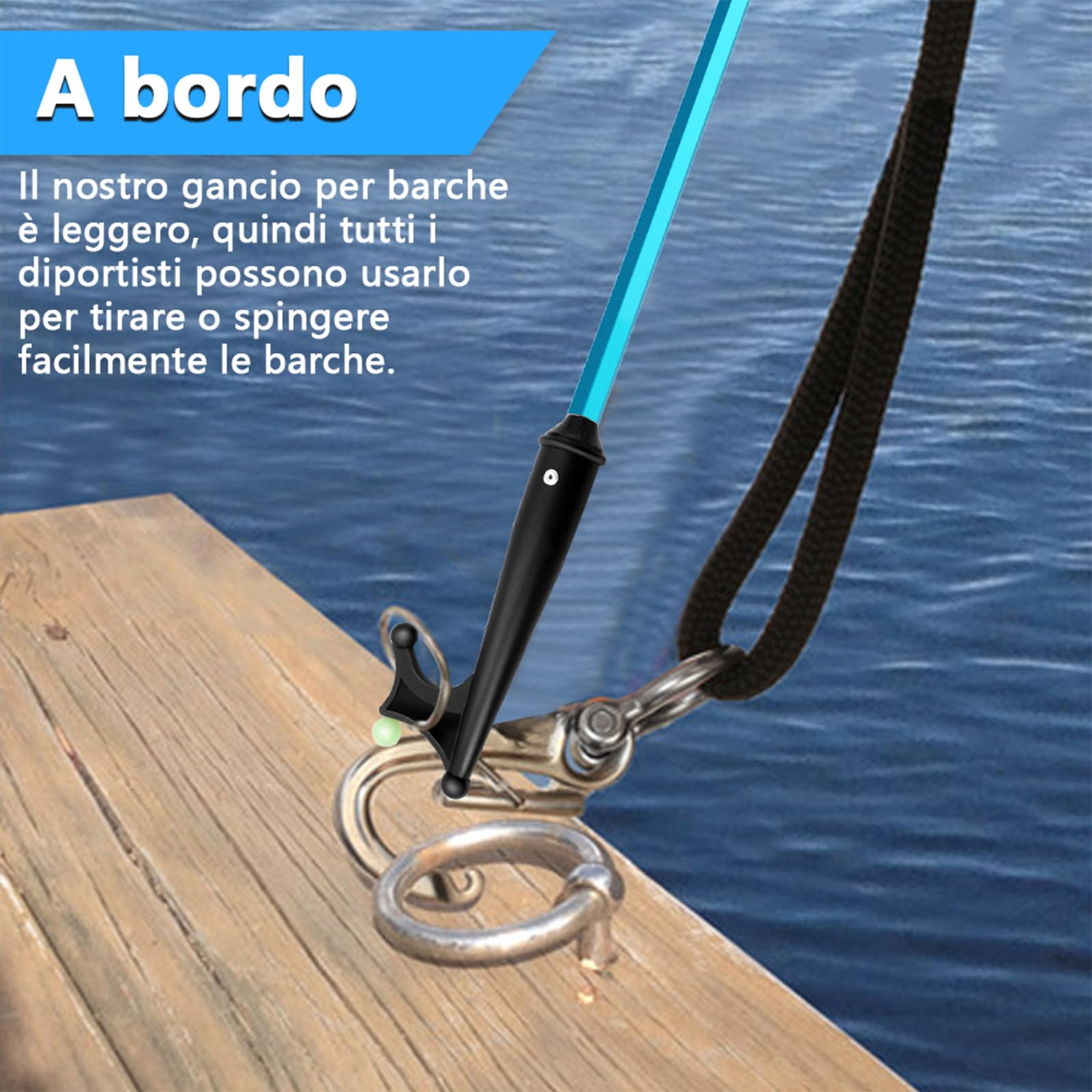 KOMCLUB Gancio telescopico per barche in alluminio leggero con spinta pole multiuso allungabile, impugnatura in gomma antiscivolo con perline luminose, gancio in plastica e cordino per docking e