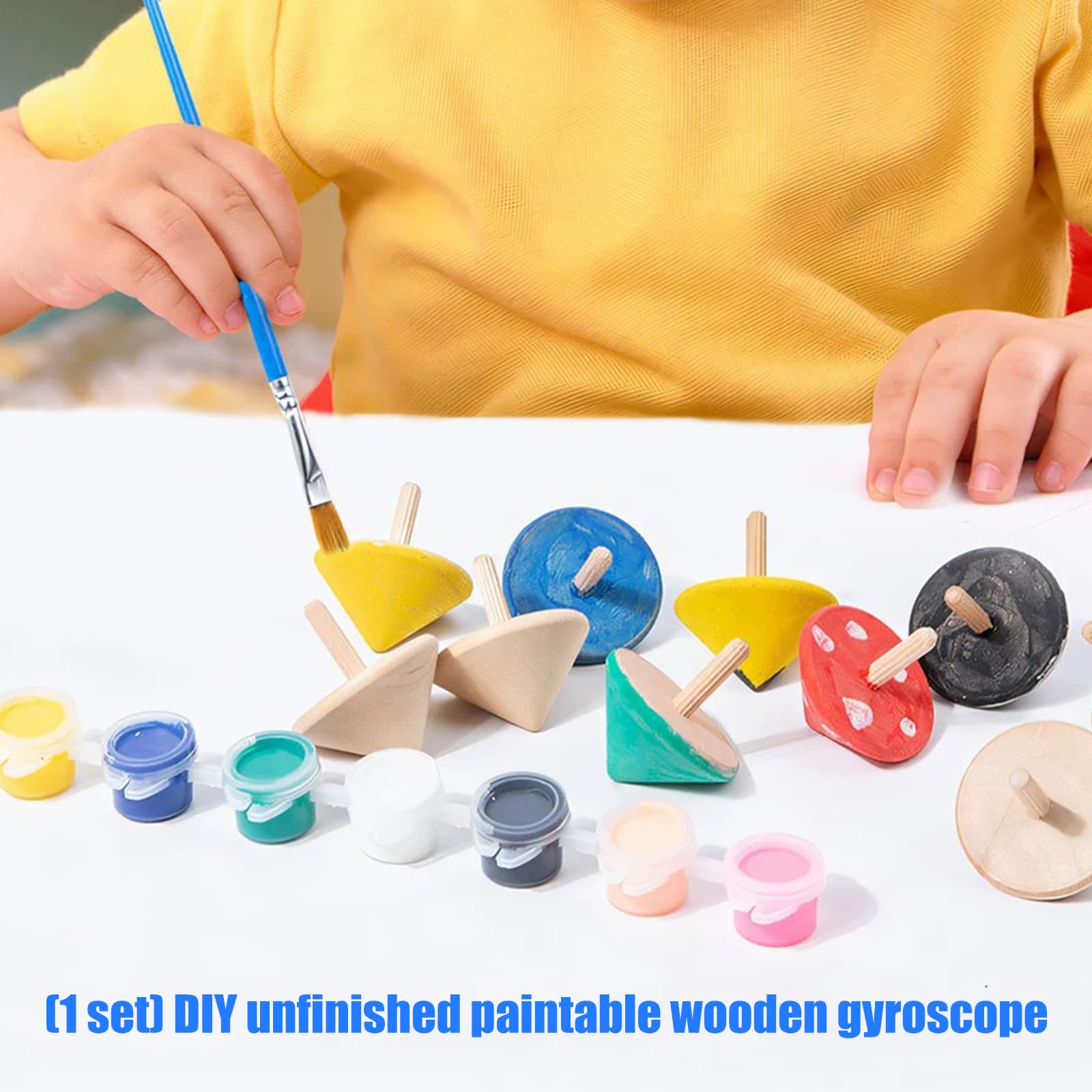 PANGBOER Decora Set trottole in Legno con Non finiti verniciabili, 8 vasetti Pittura e Pennello per progetti tavoli Gruppo Set trottole in Legno Non finiti Pezzo Legno verniciabile
