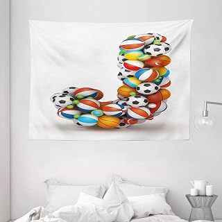 Ambesonne Letter J Tapestry, Letter J Capitalized Sporting Goods Basketball Football Pigskin Fun Games Design, Wall Hanging for Bedroom Living Room Dorm, 80" X 60", Multicolor
