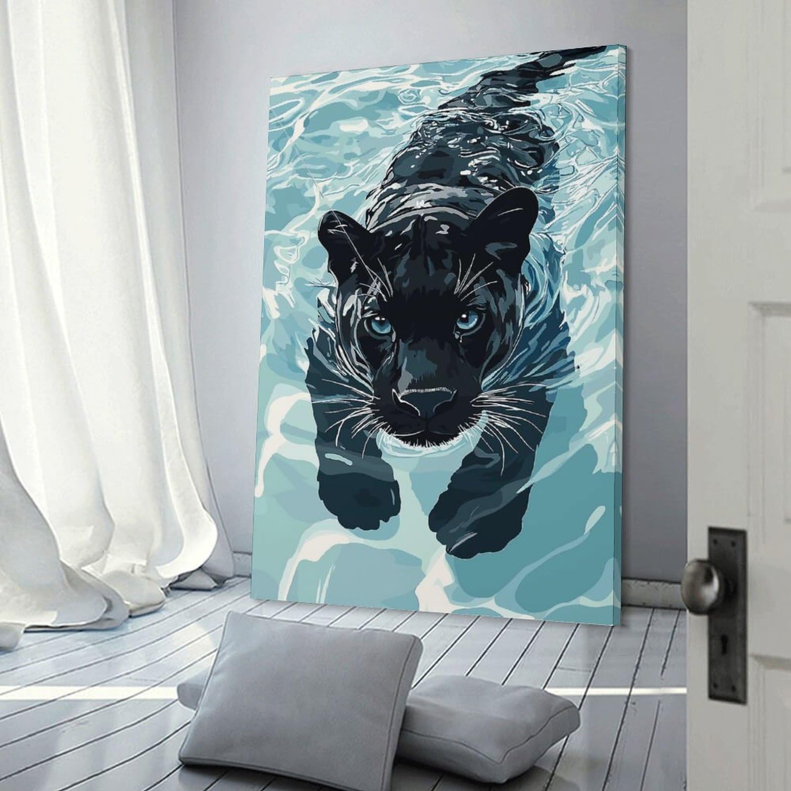 Junmoney Black Panther Swimming Canvas Wall Art, 12x18inch(30x45cm), for Bedroom Decor, Cosy Corners Or Studios, Stylish Decor for A Restful Room Update
