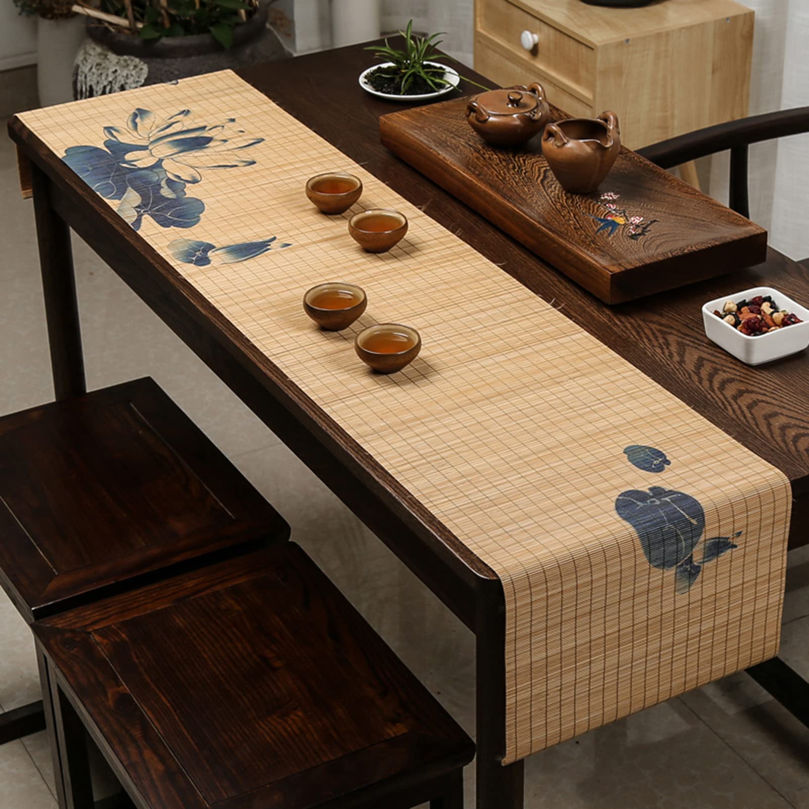 Chemin de table en bambou, Tapis de thé Kung Fu imperméable, chemin de table tissé en lattes de bambou, sets de table imprimés naturels faits à la main, tapis de table antidérapant résistant à la chal