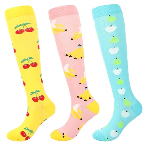 Junely 3 Pairs Compression Socks for Women Knee High for Running Athletic Nurses Work Support Travel Flight Sports - Fruit