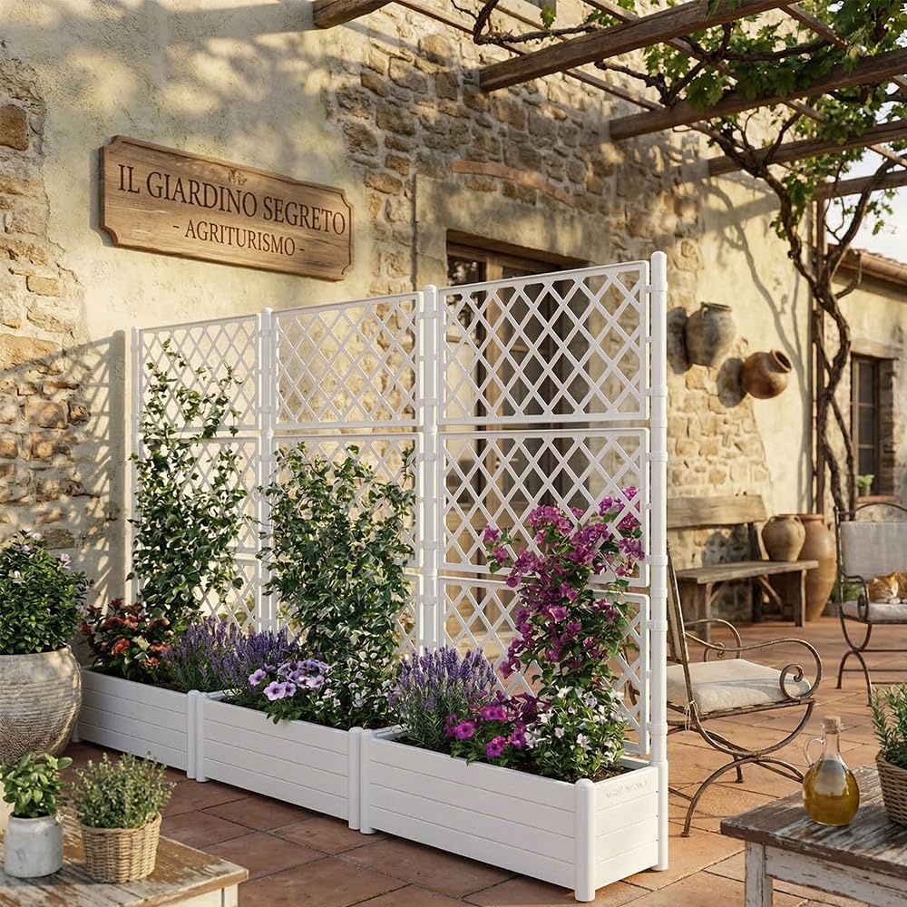 Fioriera Bianca con vaso rettangolare cm 100x43 o vaso quadrato 43x43 e Spalliera Grigliata separe' alta cm 195 graticola rampicante per piante e fiori (Fioriera rettangolare 100x43 cm)