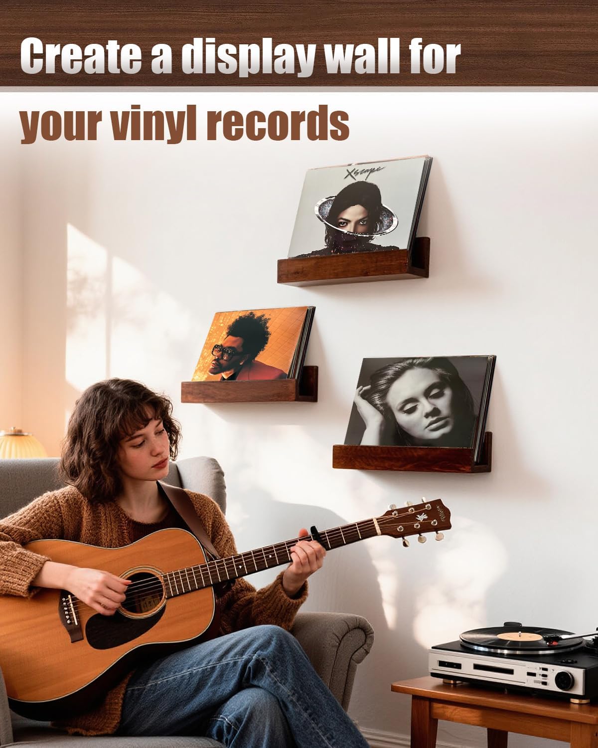 Vinyl Record Shelf Wall Mount, Large Record Holder – Storage & Display for Multiple Albums, Wooden Vinyl Record for Music Room, Living Room, Bedroom (Walnut Color)