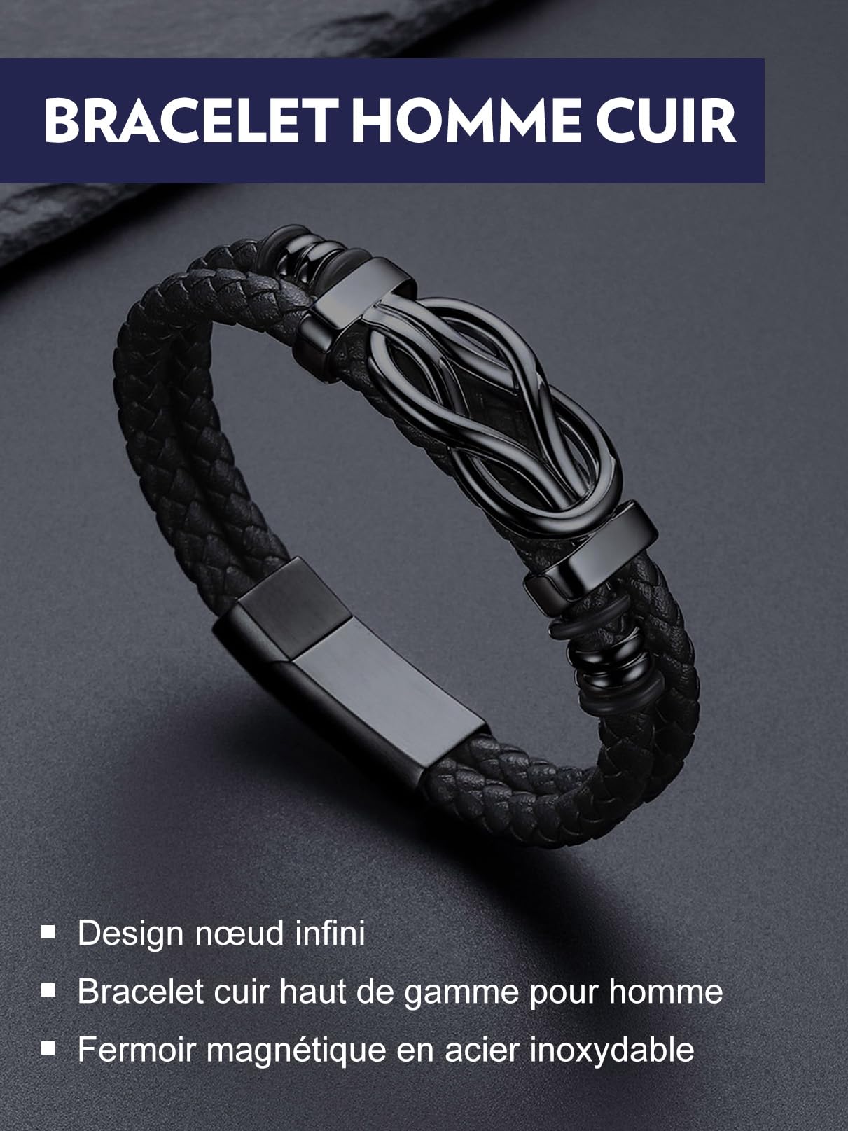 Bandmax Bracelet en Cuir Homme 19/21/23cm avec Carte Cadeau FR, DE, ES, IT - Bracelet Tressé Argenté/Noirt avec Nœud Concentrique, Cadeau pour Papa/Mari/Frère/Couple