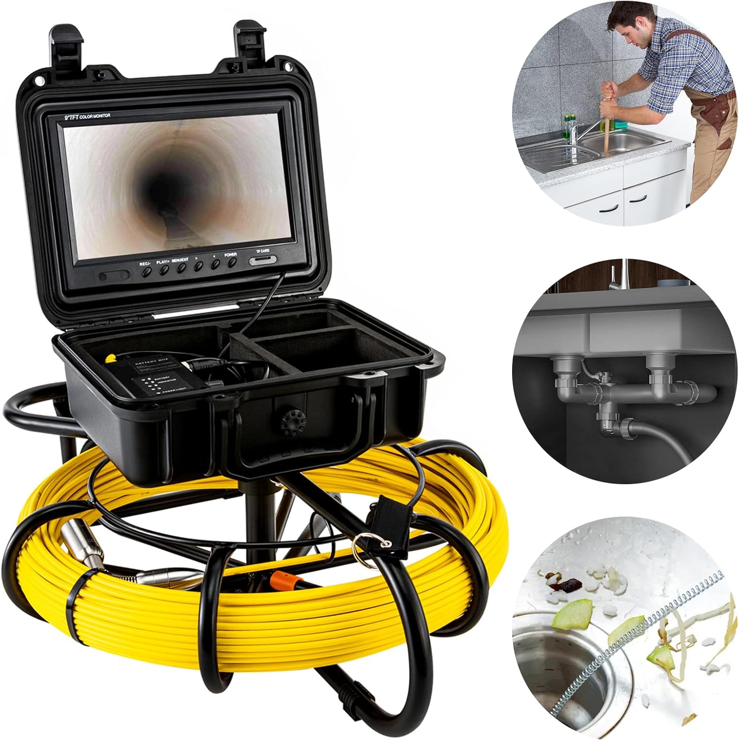 200FT Plumbing Pipe Inspection Camera HD 1200 TVL Drain Sewer Camera 9" LCD Monitor, 120° Visual Dia.0.9" Camera Pipe Sewer Pipeline Inspection Camera Waterproof Industrial Endoscope Camera with Light