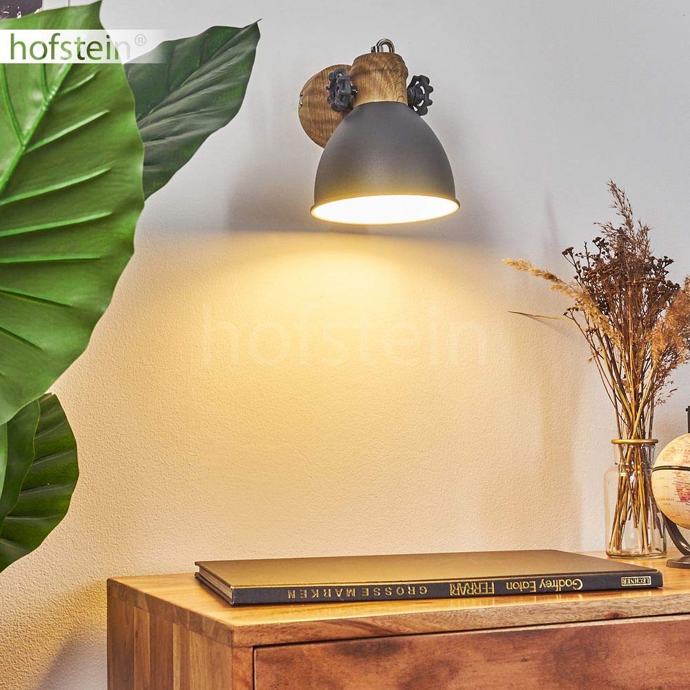 Applique murale Banjul en métal gris blanc et effet bois, spot vintage avec interrupteur intégré idéal dans un salon rétro, pour 1 ampoule E27, ampoule(s) non incluse(s)