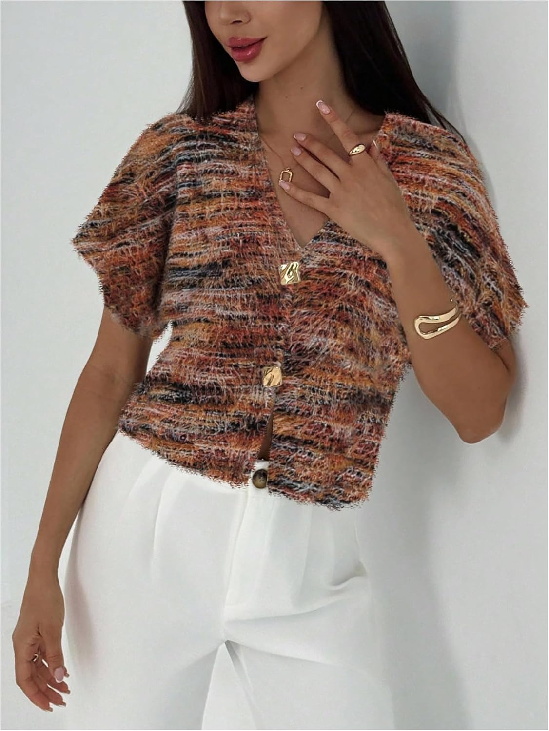 SOLY HUX Women's Short Sleeve Office Spring Winter Cardigan Sweater Button Down V Neck Slim Fit Elegant Knit Tops - Image 4