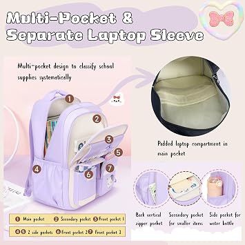 Girls Backpack for Kids School Bag, Teen Girls Rucksack with Lace Trim, Multi-Pocket, A042-Pink