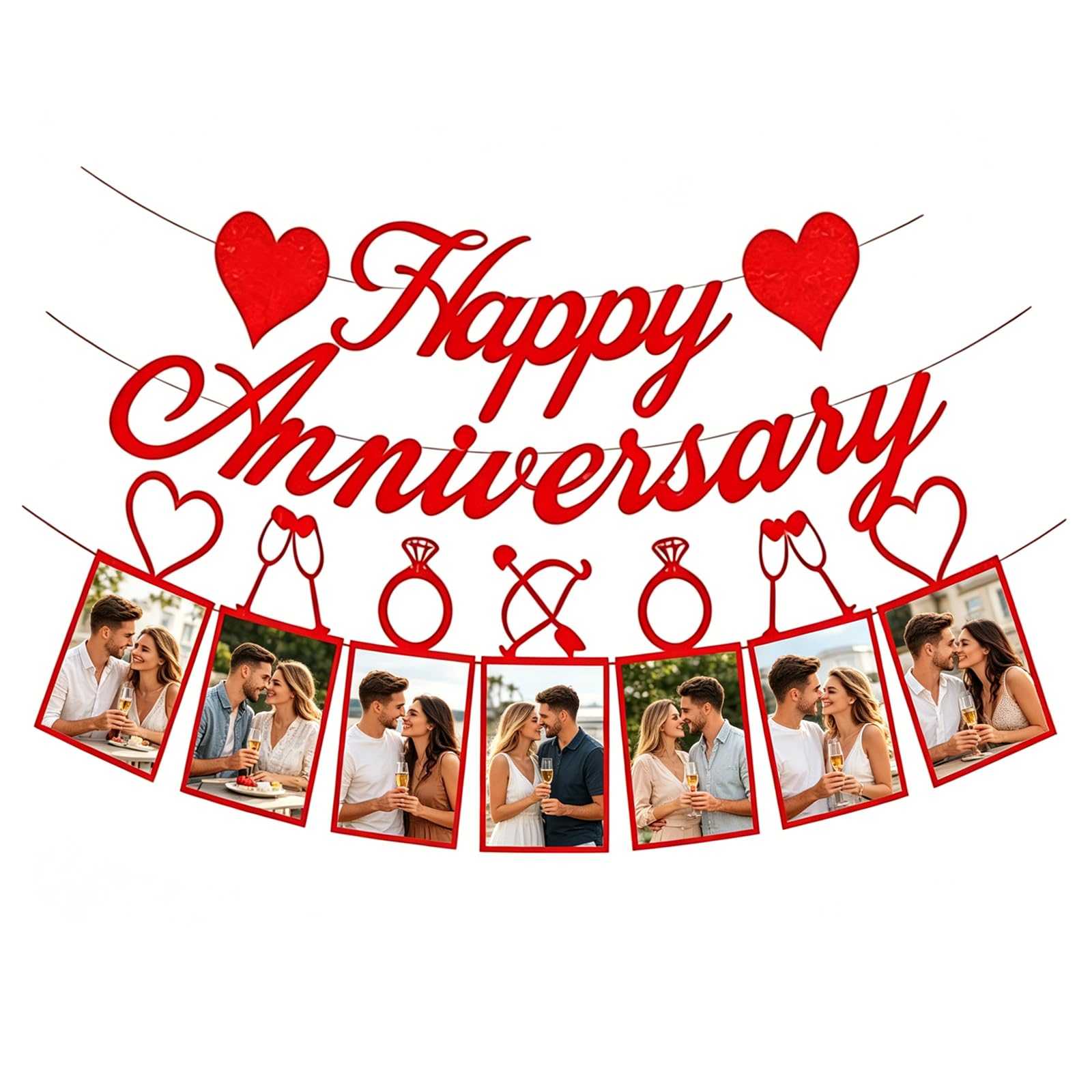 Happy Anniversary Banner with Photo Clips - Red Elegant Glitter Party Decor for Wedding Anniversary Celebration, Home Dining Room Decorations