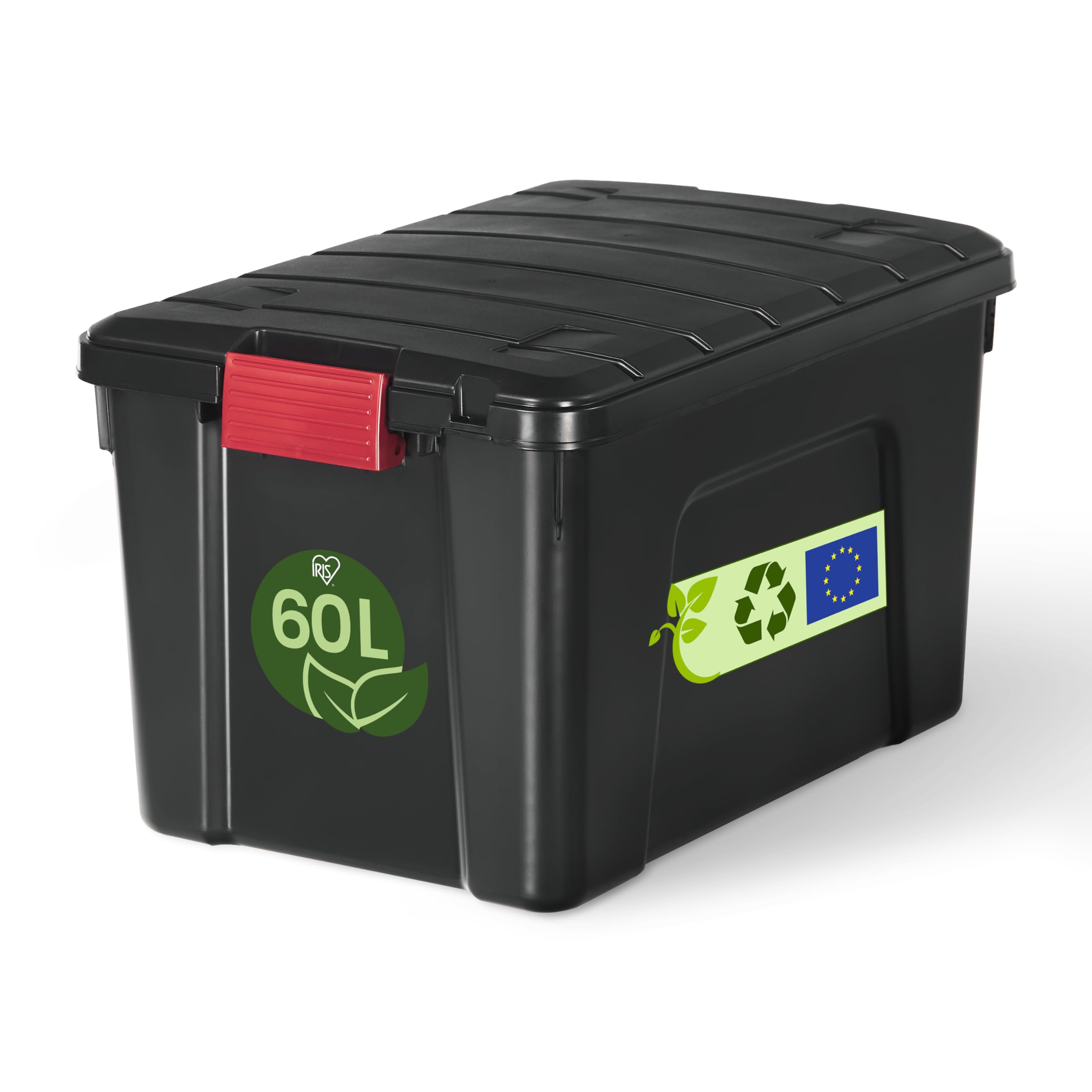 Iris Ohyama, Caja de almacenamiento de plástico grande, 60L, Caja de garaje, Negra, Apilable, Cierres a presión robustos con asas, SIA-60