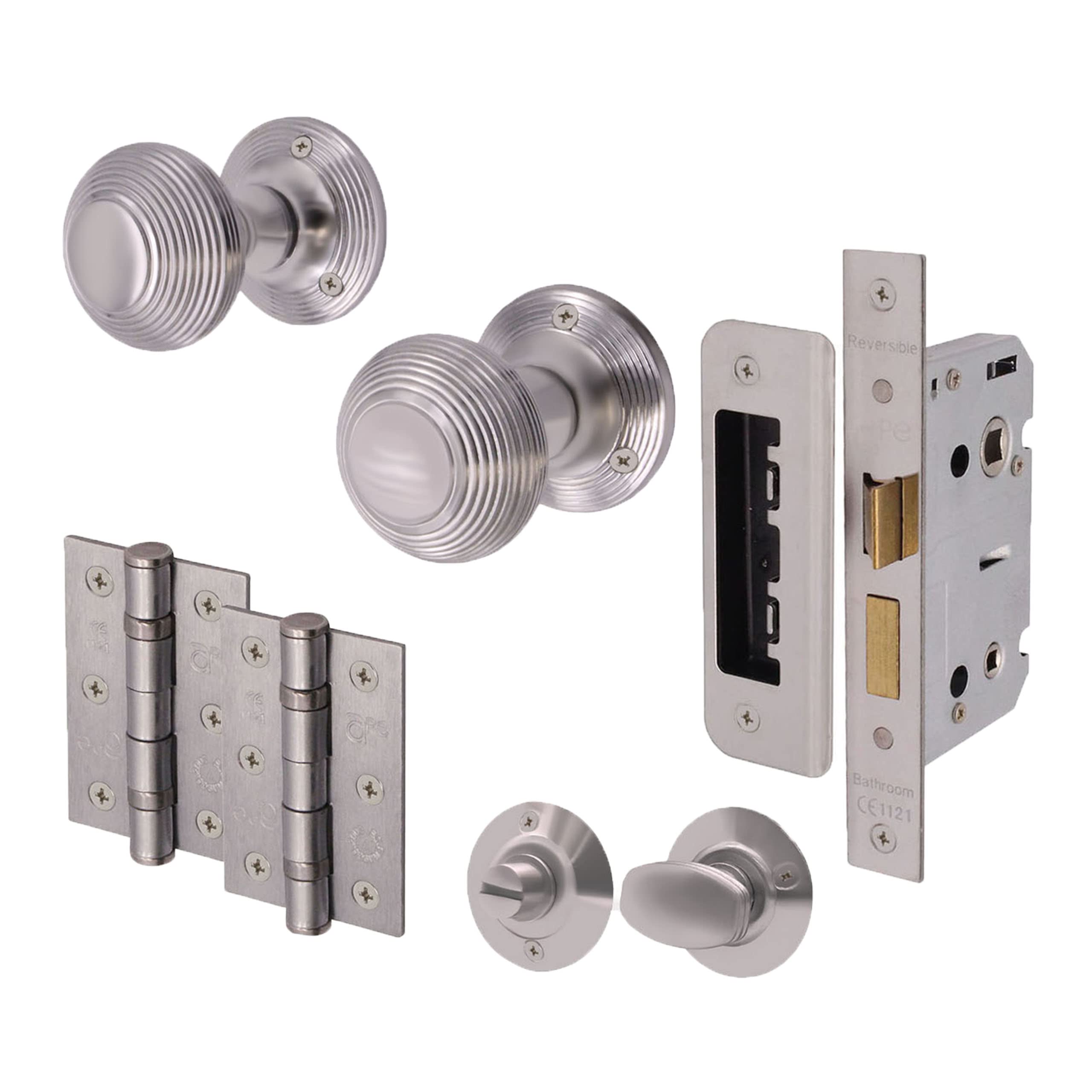 EAI Beehive Bathroom Door Knob Set Satin Chrome | 1 Pair of Reeded Mortice Knobs (55mm), Lock (80mm) & Hinges (76mm) for Internal Doors — image 1