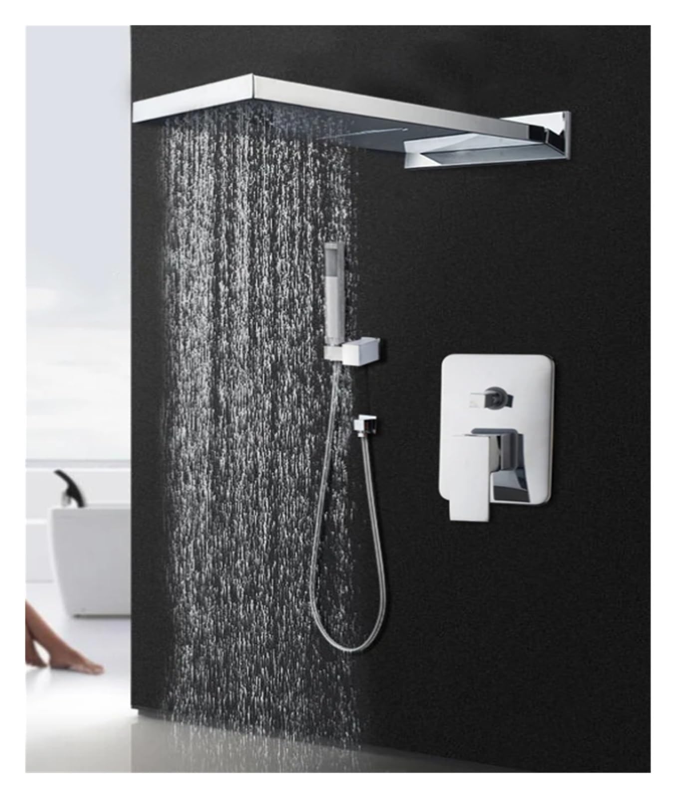 Robinet de douche à effet pluie rectangulaire noir mat et système de douche doré complet
