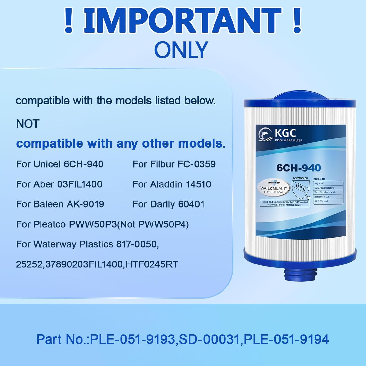 KGC Filtre de Spa 6CH-940 pour Bain à Remous, Filtres de Spa Lavables, Lot de 2, Remplacement pour Pleatco PWW50P3 (Filetage Grossier SAE 1 1/2"), Unicel 6CH-940, Filbur FC-0359, Waterway 817-0050