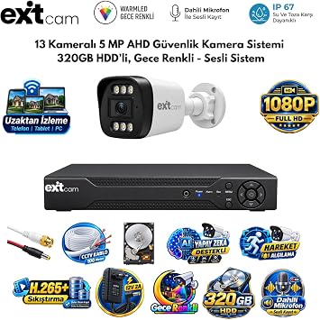 EX TCAM 13 Kameral  Full HD Sesli AHD G venlik Seti   320 GB HDD, 240 Metre Kablo, Renkli Gece G r