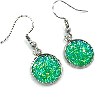Handmade in Canada - Sparkly Green Blue Faux Druzy Dangle Stainless Steel Earrings - Deep Blue Green Multicolour Textured Earrings - Faux Geode Stone - Women's Hypoallergenic Jewelry - Round Circular Dangly Drop Glitter Earrings