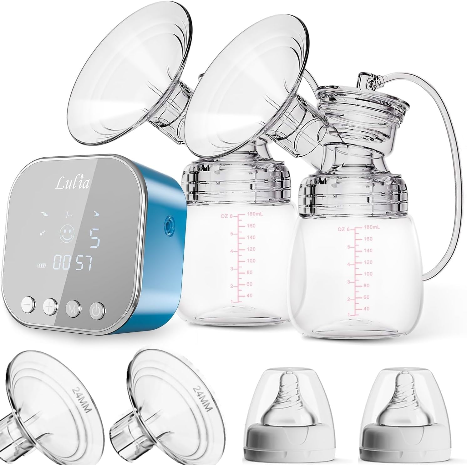 Photo 1 of Double Electric Breast Pump Strong Suction, Portable Breast Pump Electric Breastfeeding Pump, Rechargeable Milk Pump with 4 Modes & 9 Levels, Low Noise, Anti-Backflow & LED Display, 24mm Flange, Blue