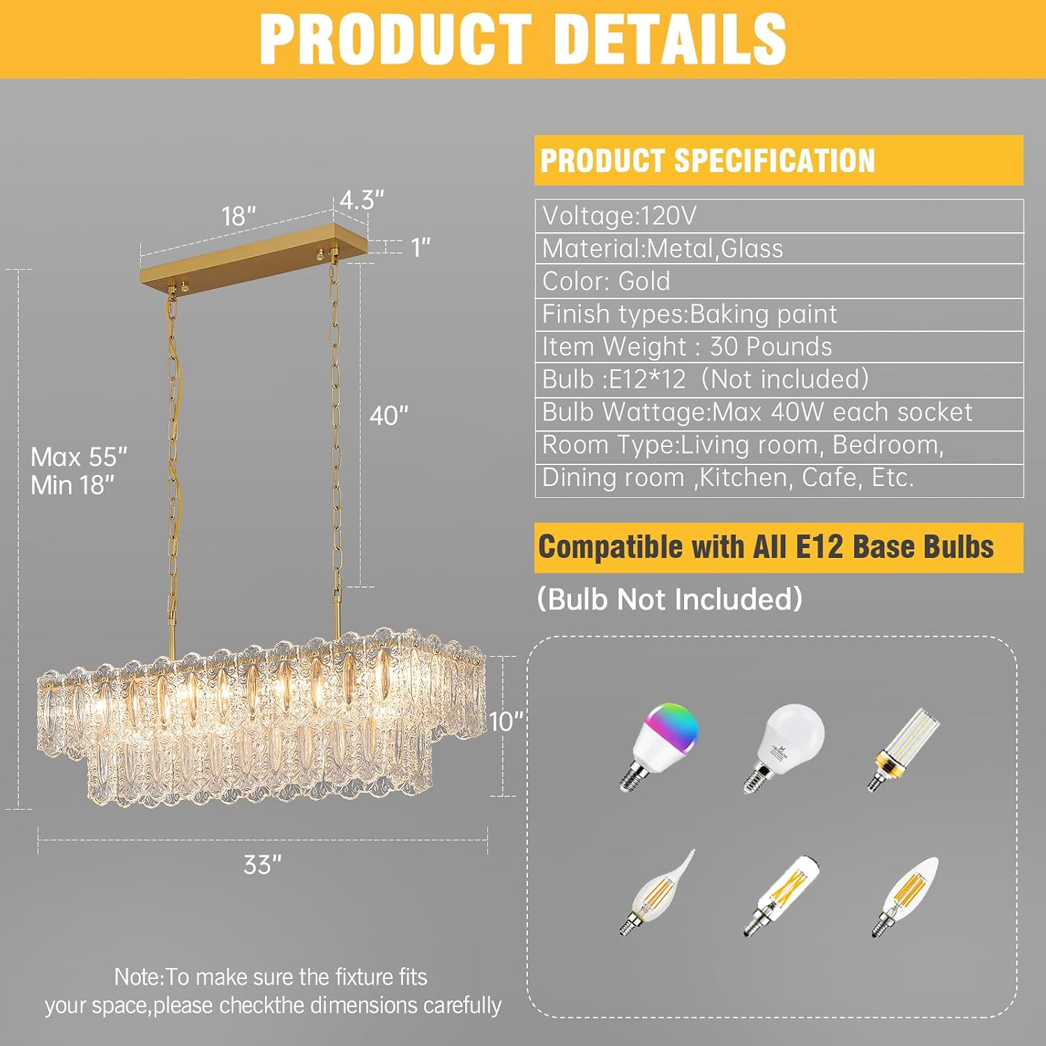 Modern Rectangle Gold Crystal Chandeliers for Dining Room, 12 Light 2-Tier Rectangular Kitchen Island Light Fixture, Linear Farmhouse Lighting for Kitchen Island, Living Room L 32"