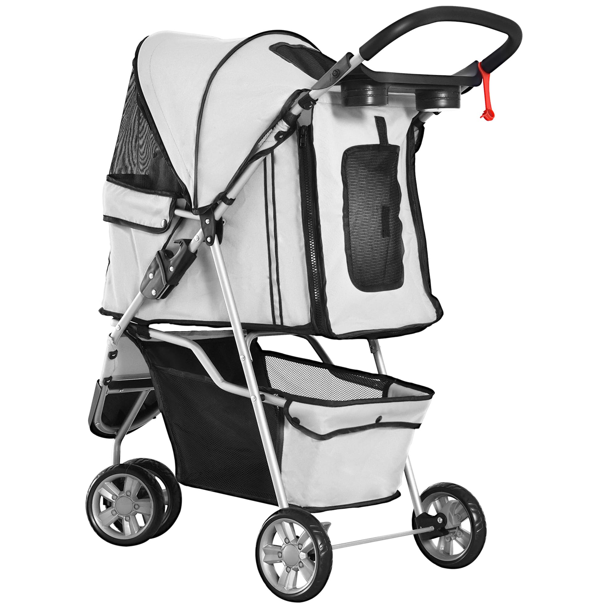 PawHut Cochecito Plegable Mascotas 75x45x97cm Perros Gatos Carrito Ruedas giran 360º Gris