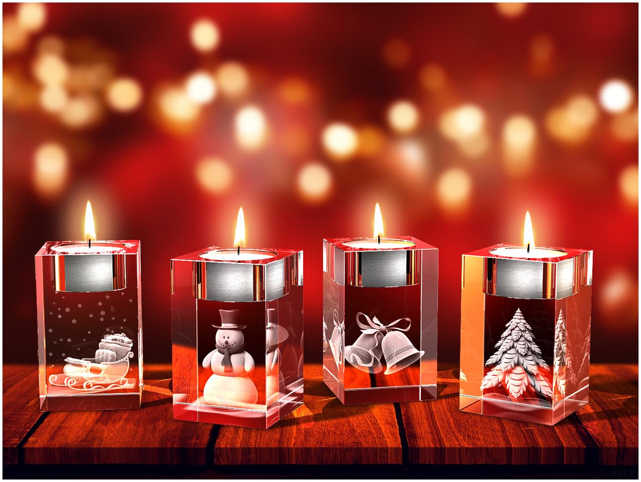 GLASFOTO.COM, Weihnachten Teelichthalter, 50 x 80 x 50 mm, Kristallglas 3D Innengravur in Premiumqualität (50 x 80 x 50 mm Adventsteelichtset 4)