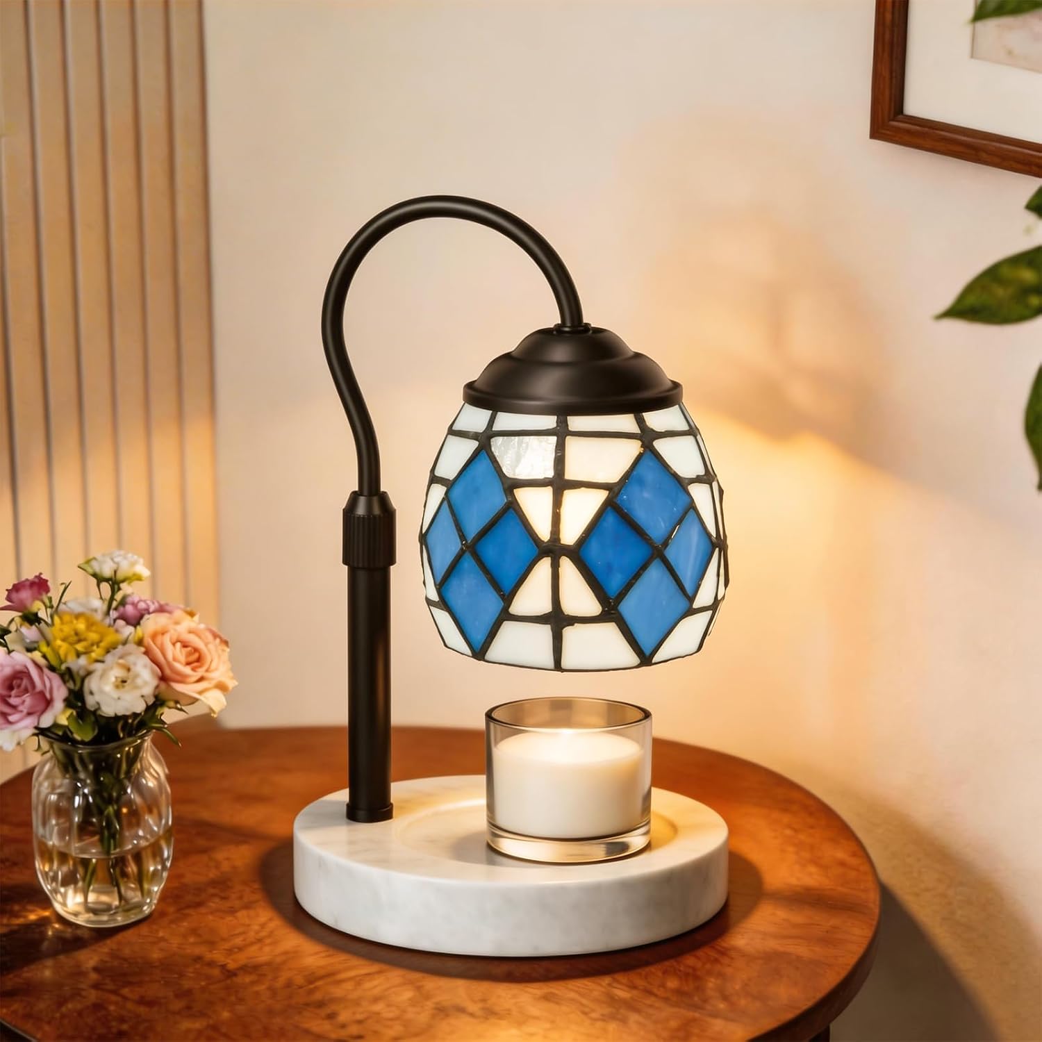 Candle Warmer Lamp,Mediterranean Blue Mosaic Adjustable Light | Rsbrillialite Mediterranean Candle Warmer Lamp, Adjustable Marble Base Wax Melt Light with Timer, Vintage Unique Decor Gift