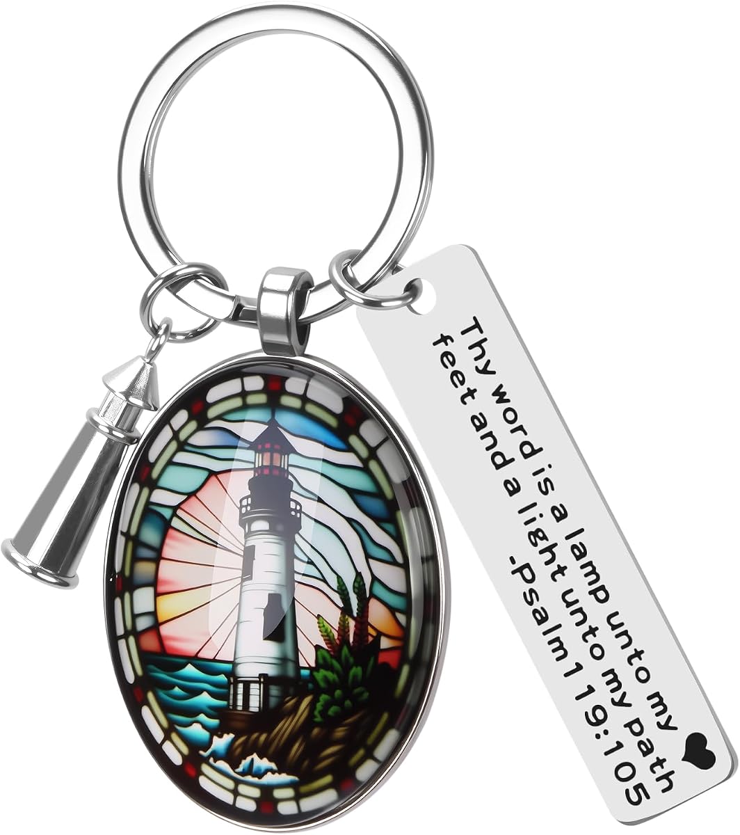 3D Glass Lighthouse Keychain with Bible Verses,Christian Gifts for Women Faith