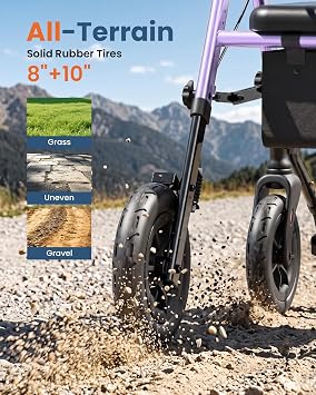 3 in 1 Folding Rollator Walker with Seat, Aluminum Transport Wheelchair Combo with Adjustable Footrest, Storage Bag & Cup Holder, Mobility Walker for Seniors, Purple